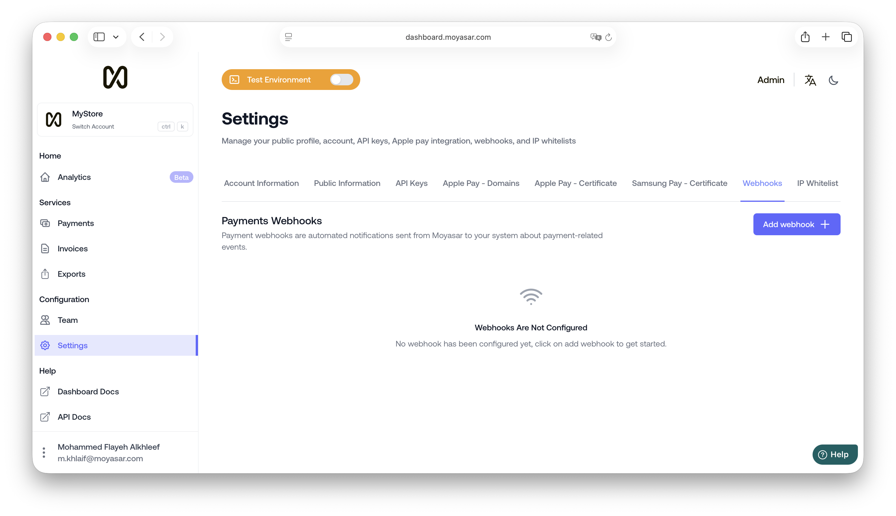 Webhooks settings of Moyasar Dashboard