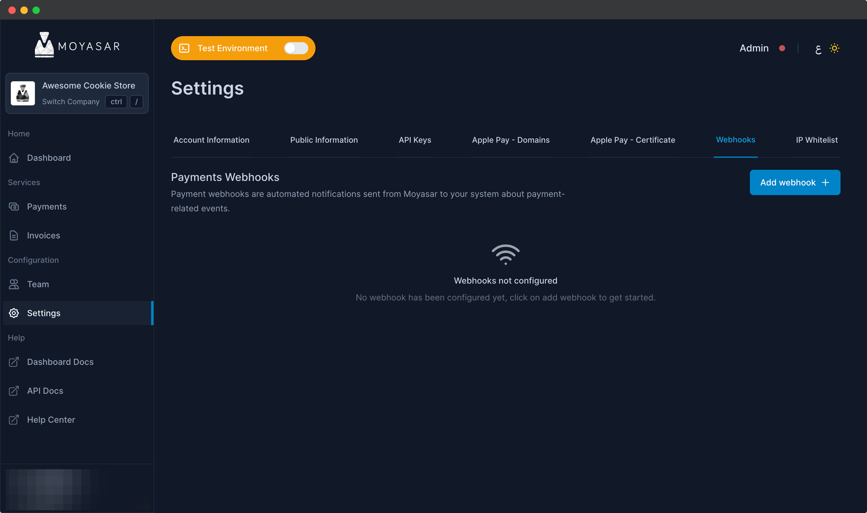 Webhooks settings of Moyasar Dashboard
