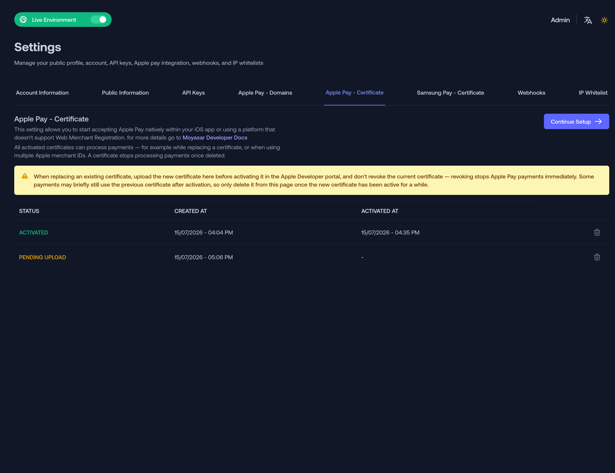 Certificates list showing an activated certificate and a pending request