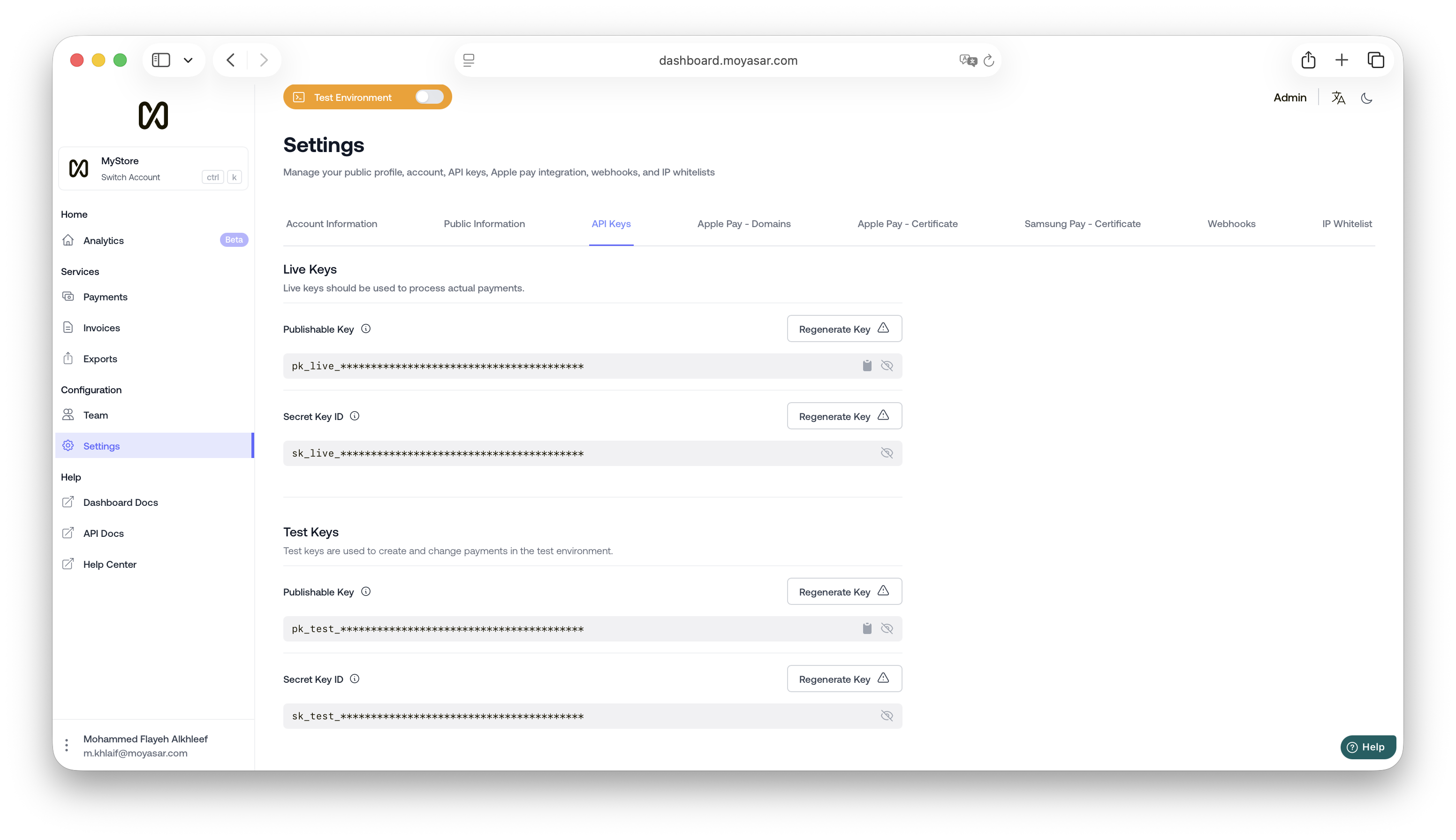 Moyasar Dashboard API Key settings
